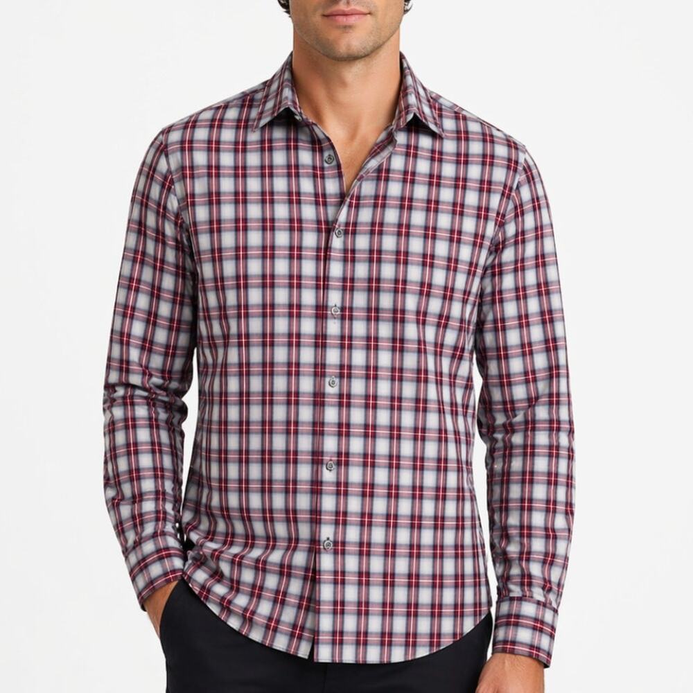 Theory Mens Button Up Shirt Long Sleeve Red Plaid Size XL Designer Preppy Casual